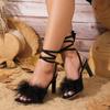 Summer Women's Shoes Hairy Square Toe Strappy Stiletto Heels Cross Strappy Sandals Women