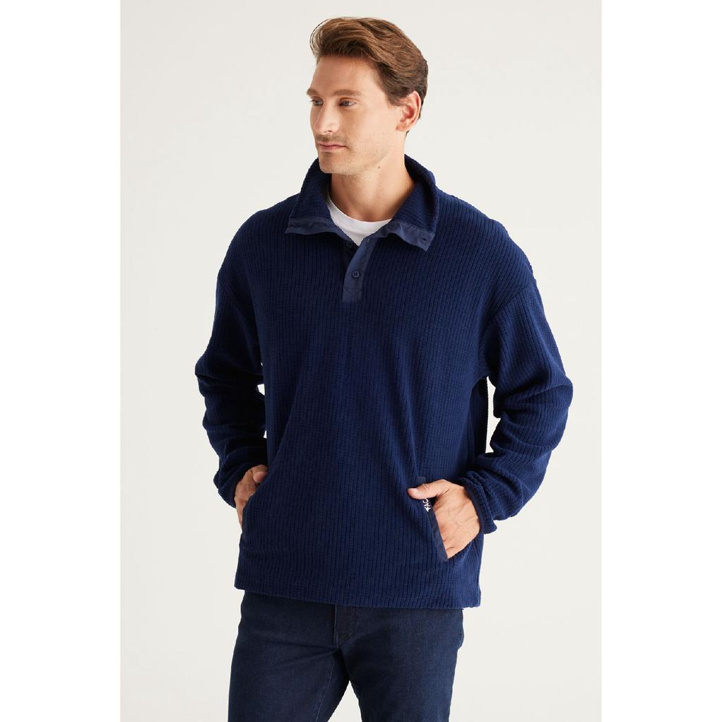 Men's Ecru Loose Fit Stand-up Collar Jacquard Soft Touch Fleece Sweatshirt