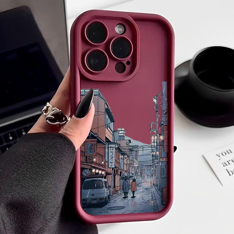 Rainy Night Streetscape Pattern Shockproof Case For iPhone 16 15 Plus 14 Pro Max 13 12 11 XS XR 8 Lens Protection TPU Soft Matte Silicone Phone Cover
