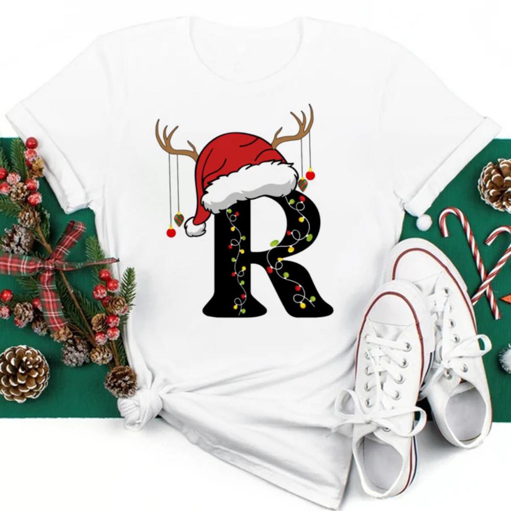 Christmas Hat A To Z Letters Tshirt Christmas Family Activity Sleeved Streetwear Harajuku Short Sleeve Casual Aesthetic Clothes
