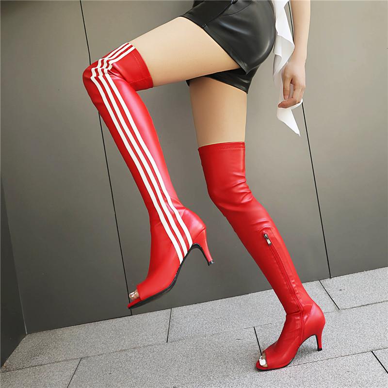 Damen-Stiefel mit hohen Absätzen, sexy europäischer und amerikanischer Stil, hochhackige Überknie-Stiefel mit offenen Zehen in großen Größen.