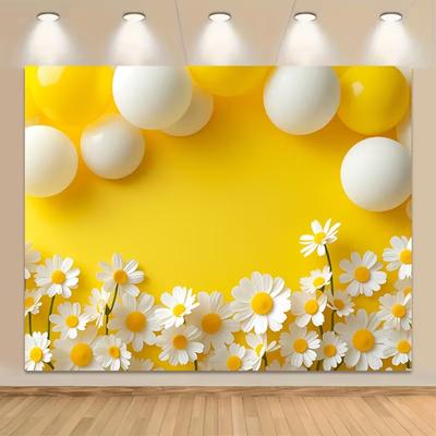 Vibrant Yellow Daisy and Balloon Backdrop Floral Scene Photography Background Cloth