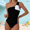 Women Plus Size One Shoulder One Piece Swimsuit Asymmetric Neck Black White Print