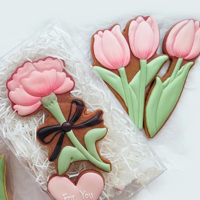 Mother's Day Frosting Cookie Embosser Mould Carnation Flower Cookie Thanksgiving Teachers Day Tulip Pattern Biscuit Cutters Mold