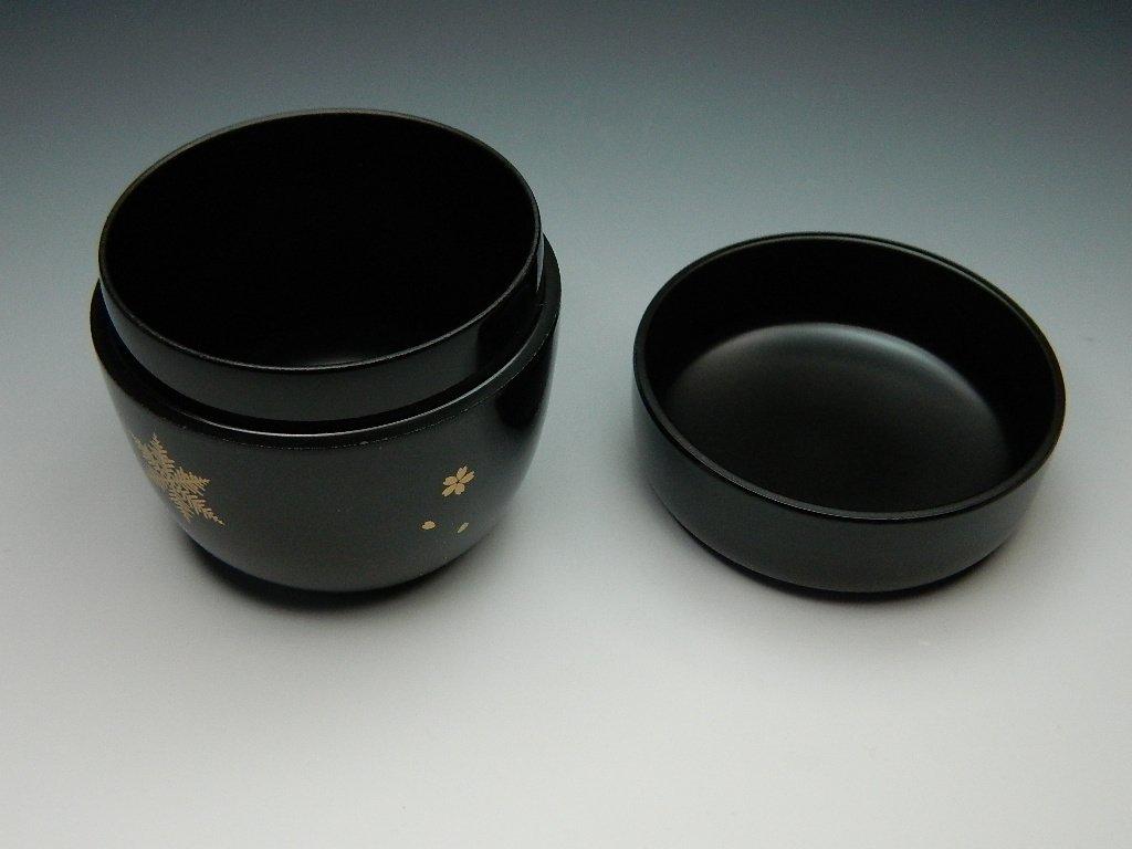 Medium-sized Tea Caddy with Snow, Moon, and Flowers In Black and Colored Lacquer, Made of Resin, Made In Japan, Suitable for Tea Ceremonies
