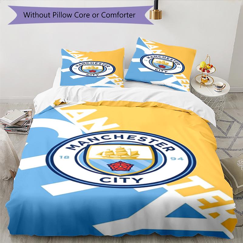 3pcs Manchester City Bedding Set Duvet Cover Closure Includes 1 Duvet Cover & 2 Pillowcases, Soft and Comfortable for All Seasons.
