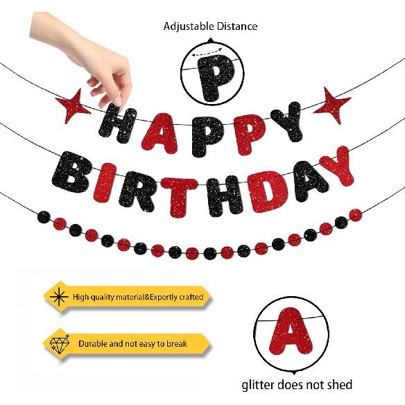Red and Black Happy Birthday Banner Glitter Garland for Black and Red Decorations Happy Birthday Decorations for Women Men Boys Girls 25st 30st 40st