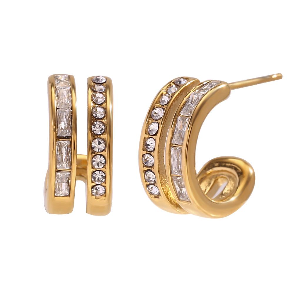Women's Dainty Colorful Zircon Hoop Earrings Double Layer C Shape 18K Gold Plated Stainless Steel Trendy Style Blue Finch