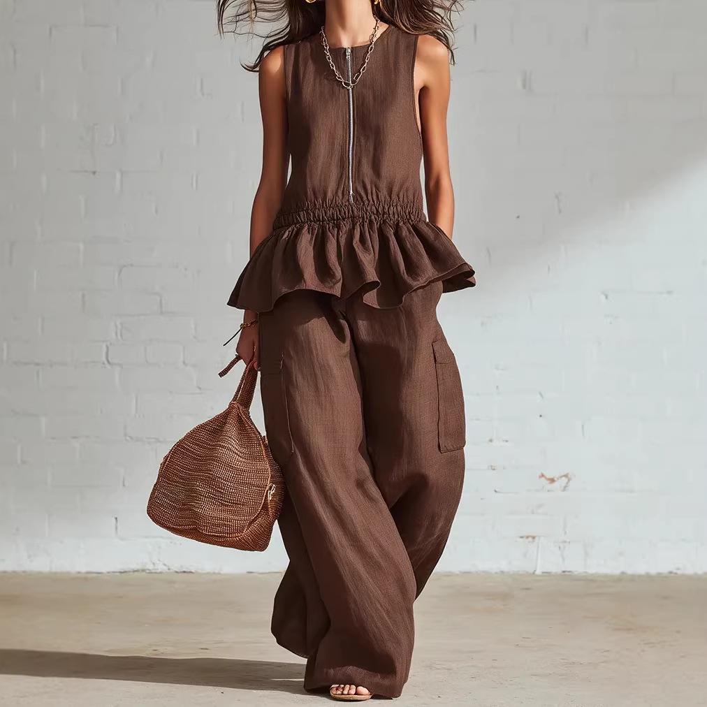 2026 Summer New European and American Foreign Trade Women's Sleeveless Pleated Vest Wide-leg Trousers Casual Suit Women
