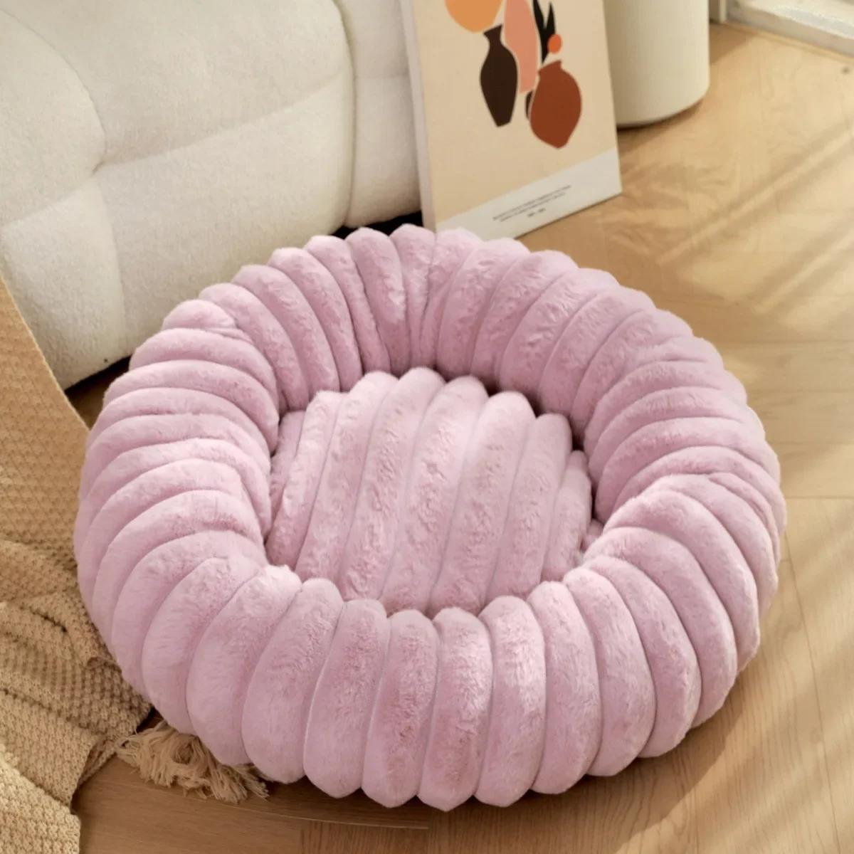 

Winter Pet Kennel Round Rabbit Plush Padded Soft, Comfortable and Warm Fashion Solid Color Cat and Dog Mattress Pet Pad 40cm фиолетовый