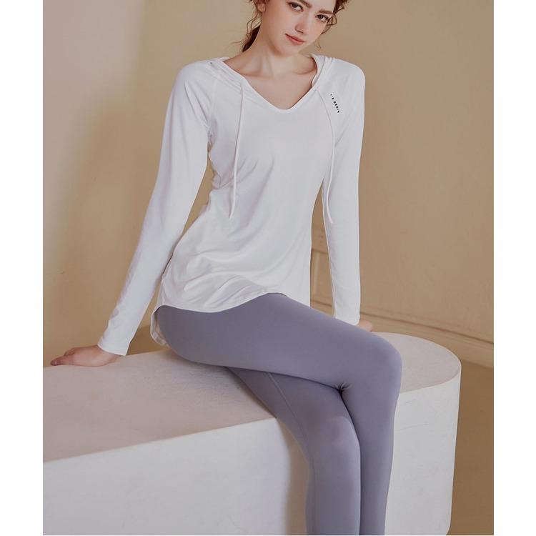 Women Autumn Spring Slim Fit Hooded Long Sleeve Workout Top High Waist Loose Fitness Shirt for Running Yoga Gym