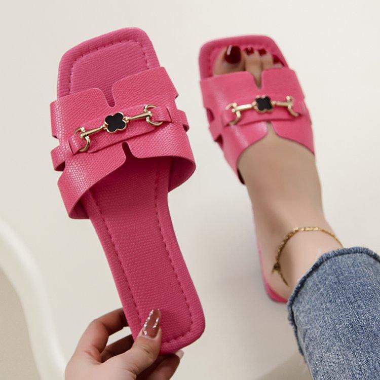 Summer New European and American Large Size Outer Wear Rhinestone Metal Buckle Square Head Flat Bottom Slippers Women Sandals Slippers Women