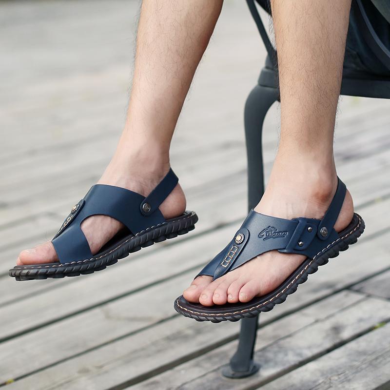 Men Sandals Leather Trail Wading Shoes Open Toe Wide Outdoor Flip Flops Athletic Hiking White Beach Walking Roman Sandals