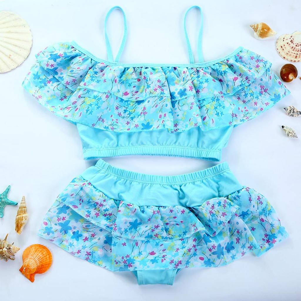 Girls' Floral Tankini Set with Ruffle Bikini Bottoms - Quick-Drying Swimsuit