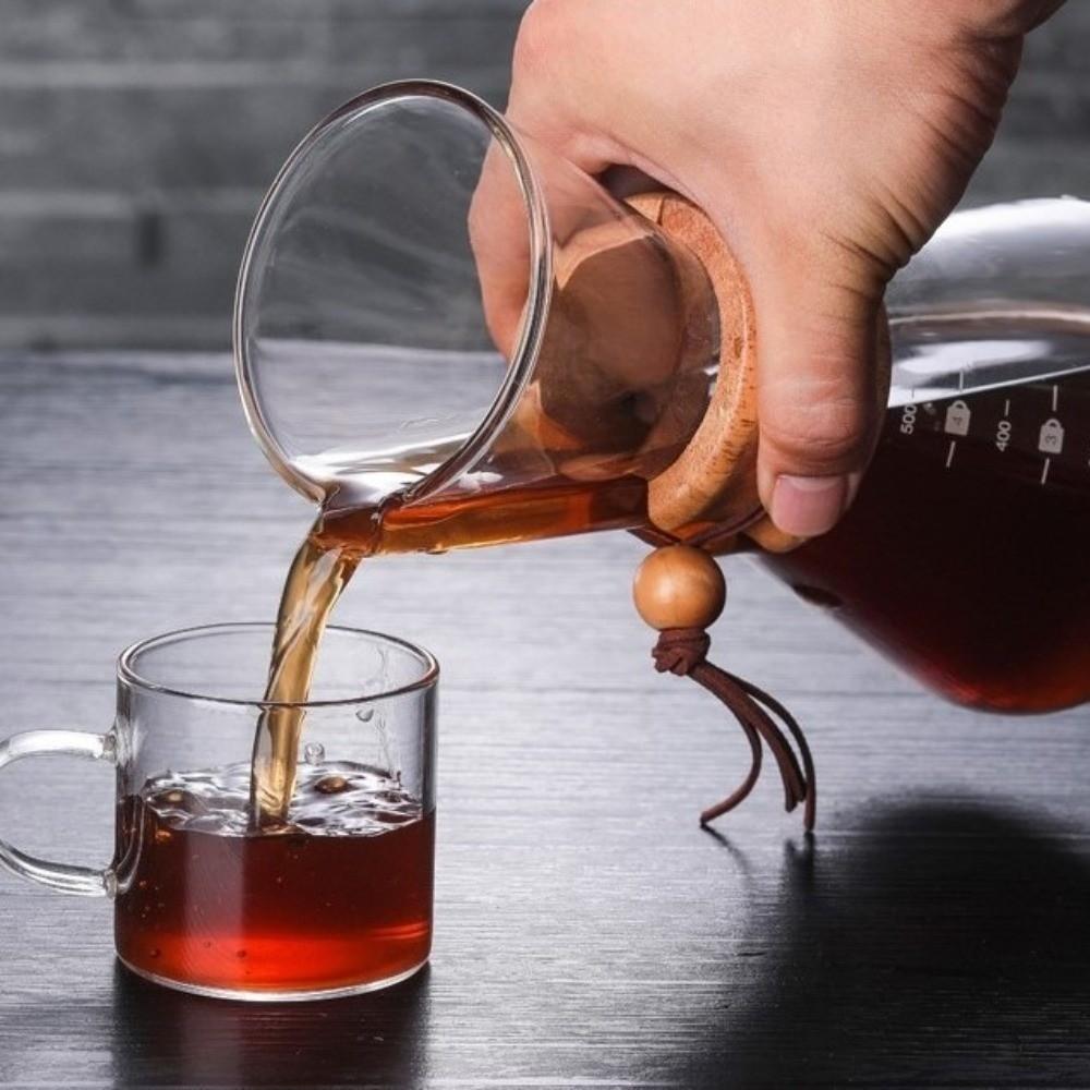Filterkanne Edelstahl Kaffeekanne Glas mit Filternetz Teekanne 400ML/600ML Holzgriff Teekessel Zuhause