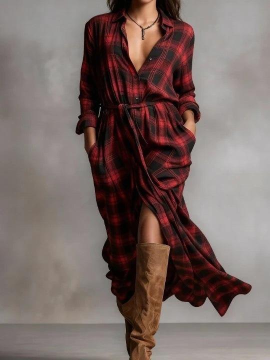 2026 European and American women s clothing, plaid digital printing long-sleeved cardigan tether dress long dress S