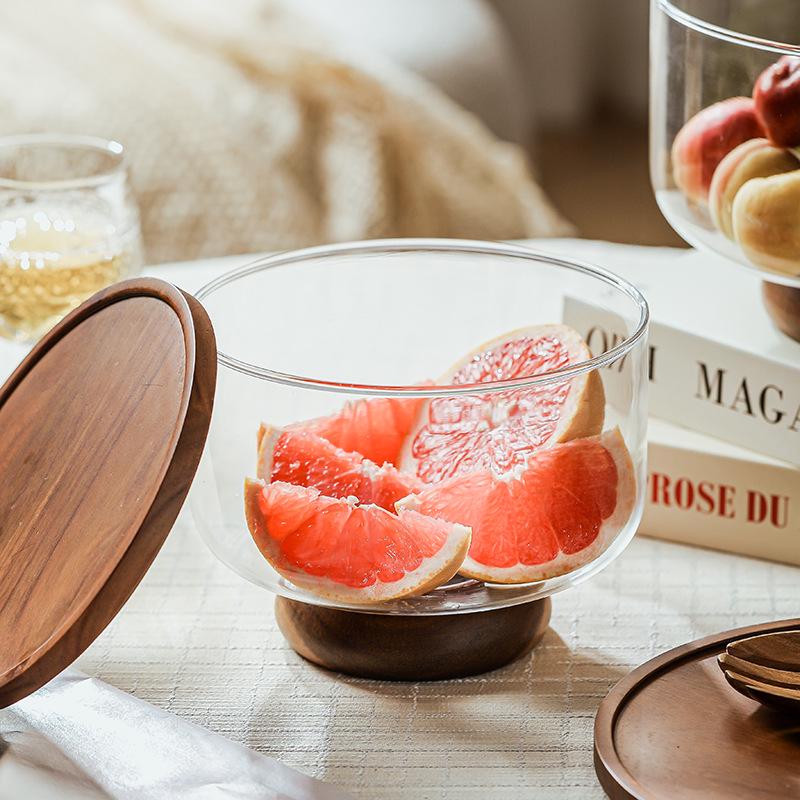 Japanese Acacia Wood Glass Fruit Bowl - Elegant Candy Dish & Snack Display Plate
