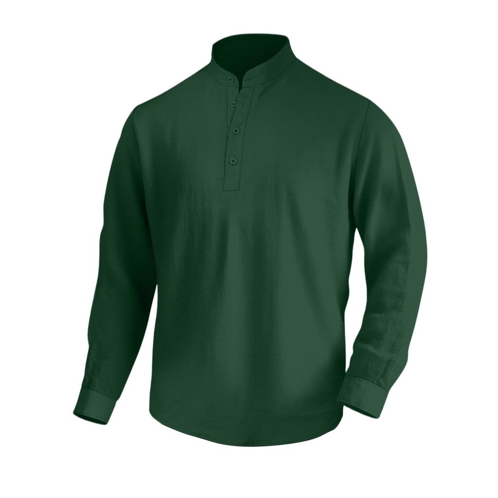 Men's Loose Linen Solid Color Long Sleeved Stand Up Collar Top Men's Casual Shirt