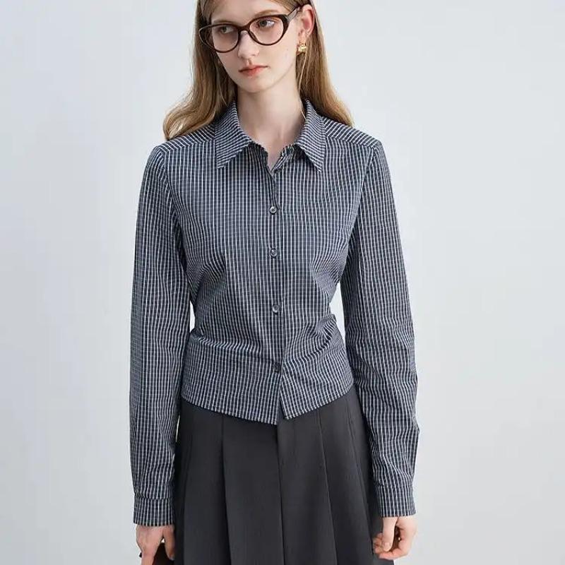 Women Gingham Plaid Shirt Back Tie Waist Puff Sleeve Blouse