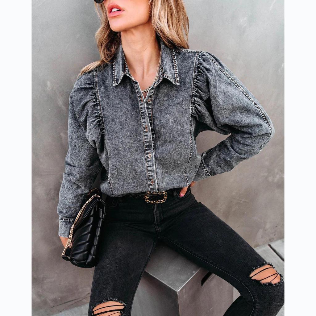 2026 Women's European/American Autumn/Winter Lapel Casual Street Style Denim Shirt