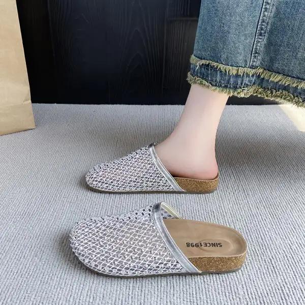 

Fashion Women s Flat Head Cover Sandals Summer Fashion Outdoor Wear Hollow Breathable Rhinestone Fishnet Beach Casual Slippers 35