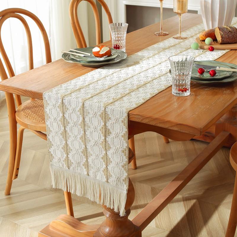 Cotton Linen Table Runner With Striped Patchwork Design Tassel Trim Modern Minimalist Long Cover Dining Room
