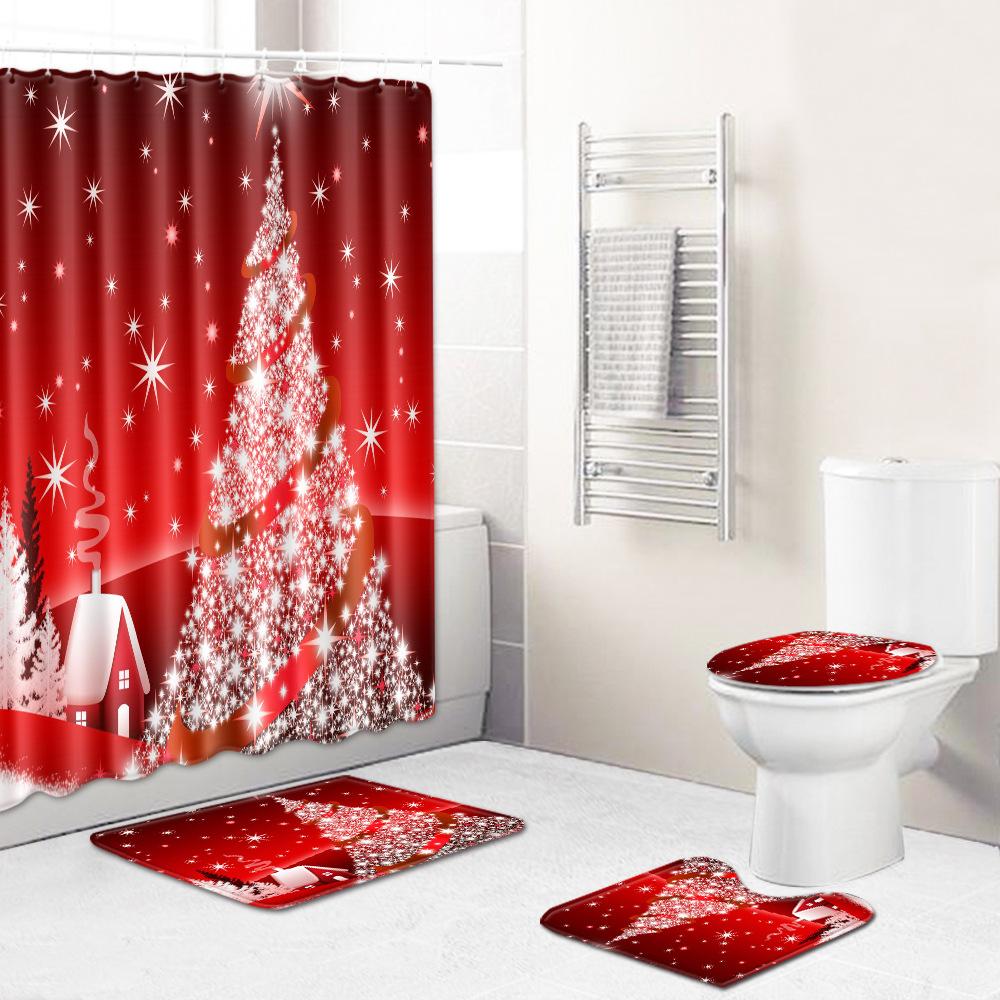 Christmas Toilet Seat Shower Curtain Four-Piece Printed Floor Mat Set Bathroom Floor Mat Bedroom Absorbent Door Mat Carpet