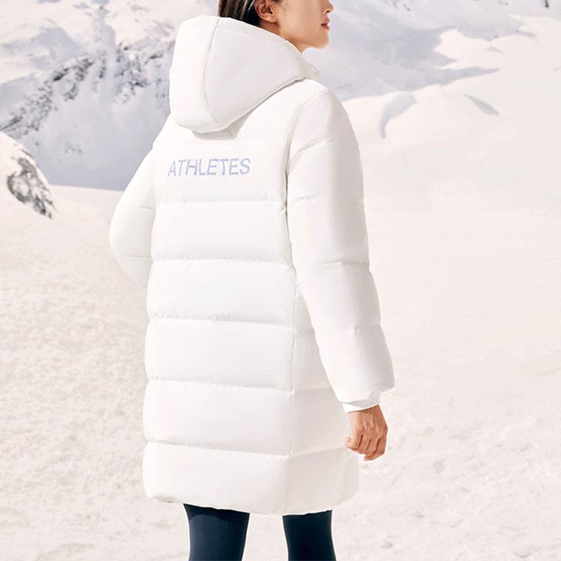 Anta Letter Print Mid-Length Water-Resistant Thickened Warm Hooded Down Jacket Women Outerwear Paper-White 162417902-2