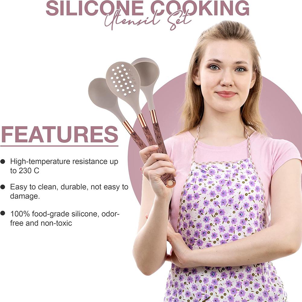 LMETJMA Silicone Kitchen Utensil Set 10 Pcs Cooking Utensil with Utensils Holder Wooden Pattern Handles Nonstick Cookware JT264