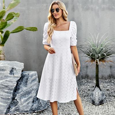 Vestido longo feminino de cor sólida com decote quadrado e manga curta elegante de verão