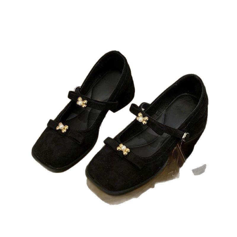 Coarse Heel Mary Jane Shoes Women's 2025 New with Skirt French Beautiful Bow Single Shoes Black Beige Leopard Print