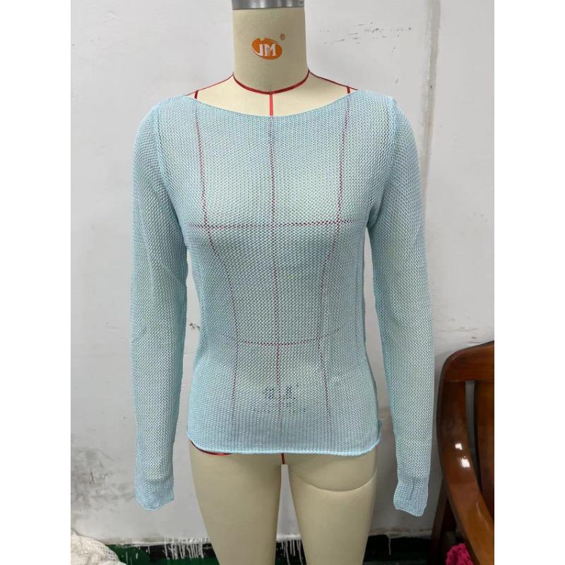Women's Sexy Round-neck Mesh Sheer Long-sleeved Beach Top T-shirt