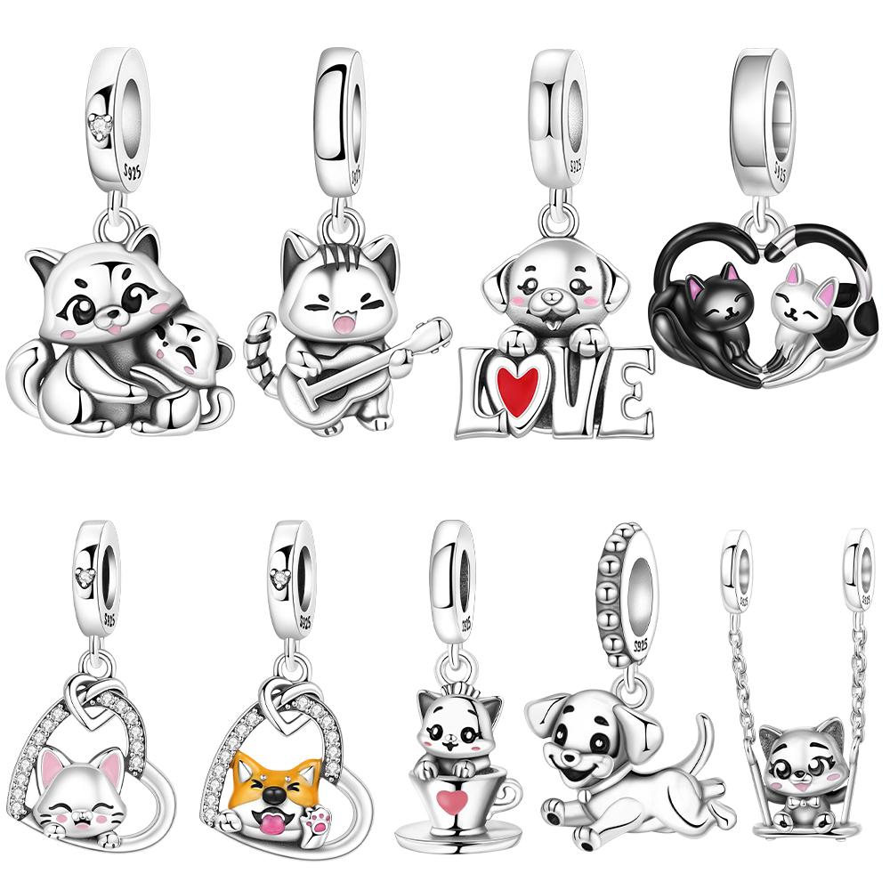 Elegant Original Charms Copper Animal Cat Dog Heart Embracing Mother Child Cats Beads Fit Bracelet Women Diy Valentine Gift