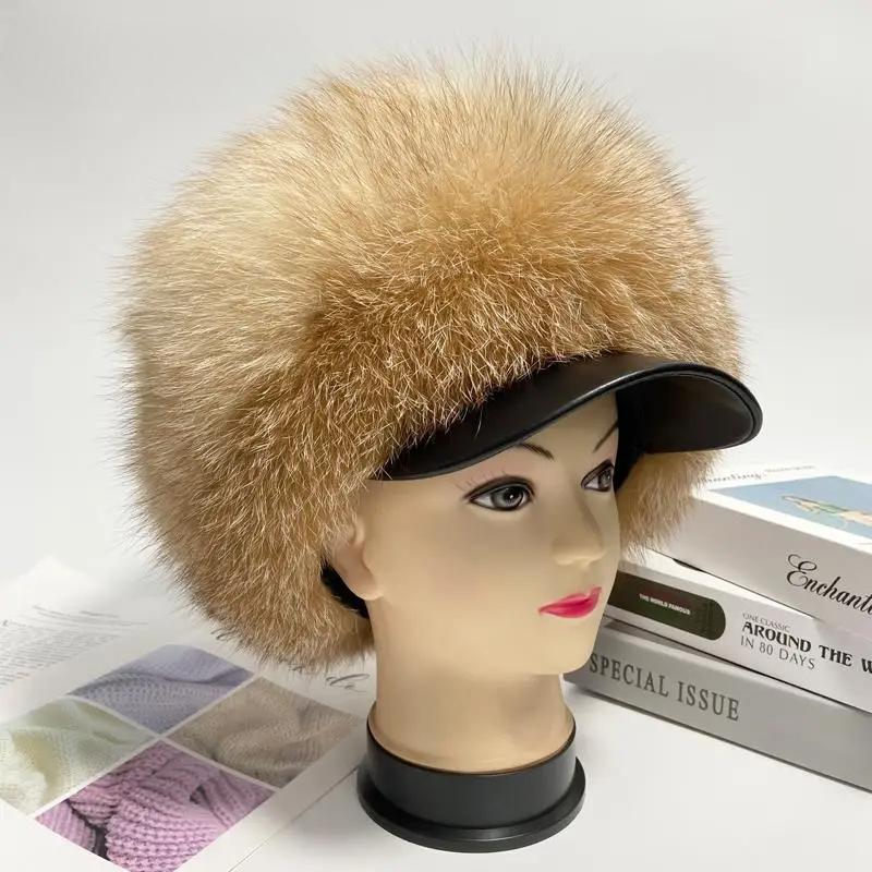Natural Raccoon Fox Fur Hat Women Winter Warm Fluffy Brim Cap Lady Winter Outdoor Snow Hats Genuine Real Fur Cold Hats Wholesale