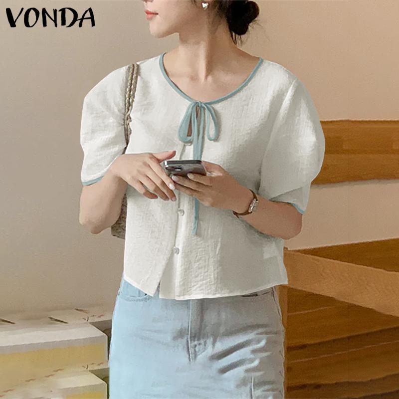

VONDA женская летняя рубашка с круглым вырезом и ложными лацканами, с короткими рукавами и цветными блоками