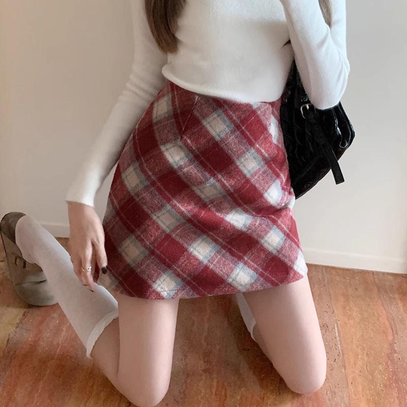 High Waist Retro Woolen Plaid A-line Skirt for Women (Spring/Autumn/Winter)