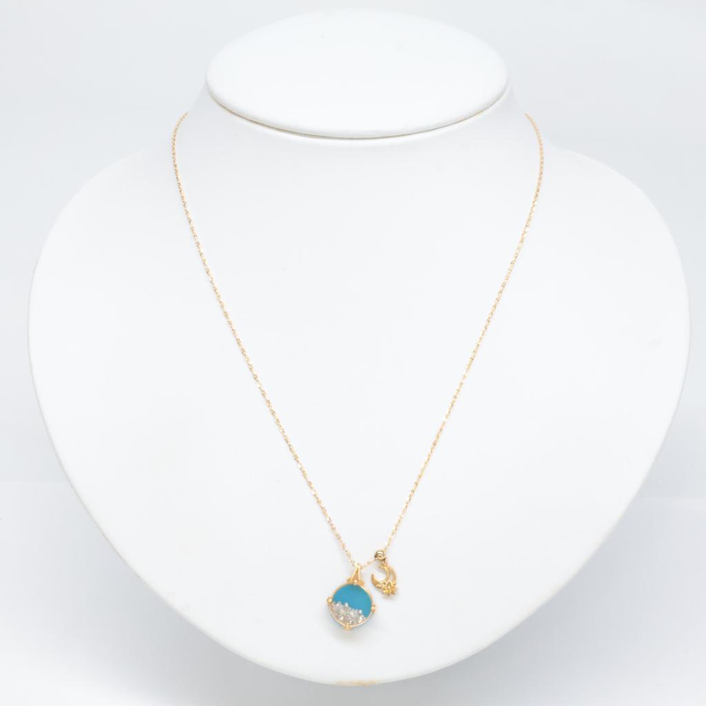 K18 Junko Ishigaki QVC Mille Chante Diamond Turkey Stone Pendant Top & Moon Design Necklace Yellow GoldUsed