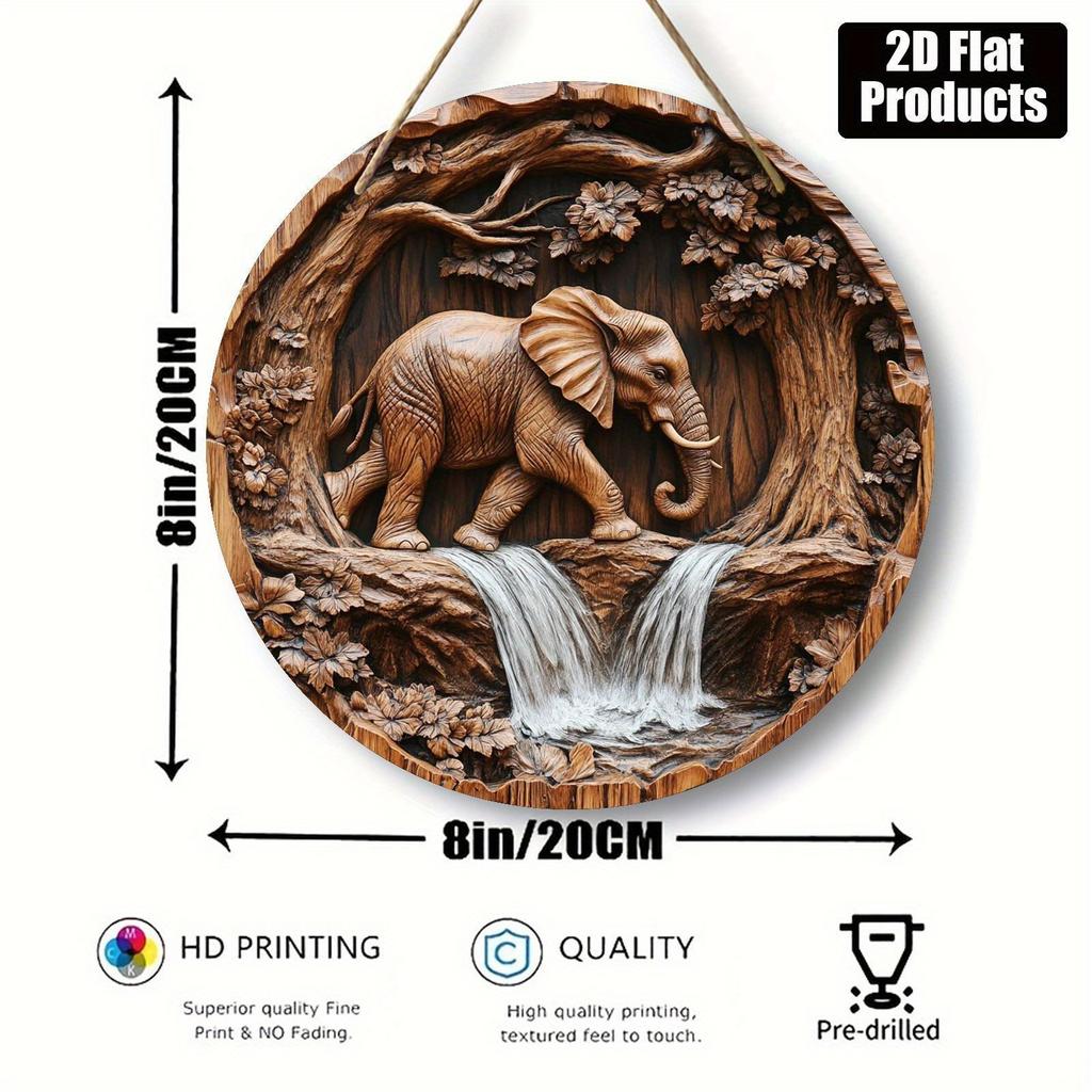 1 Piece 2D Wooden Hanging Sign Vintage Elephant Theme 8 Inch Round Sign Home Bar Garage Cafe & Garden Lucky Pray Elephant Decor