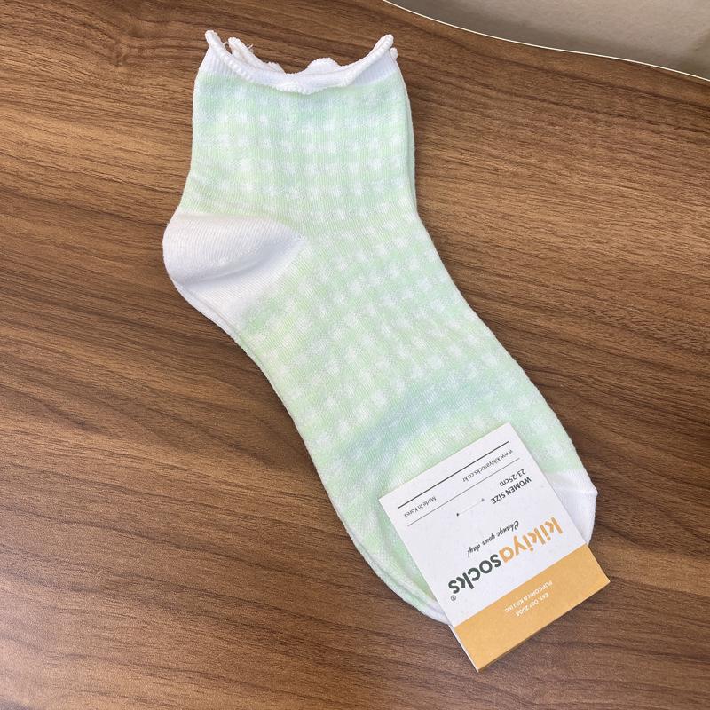 Kikiya Women s 2026 S/S Lace Cotton Plaid Socks – Colorful Short Socks One Size зелёный