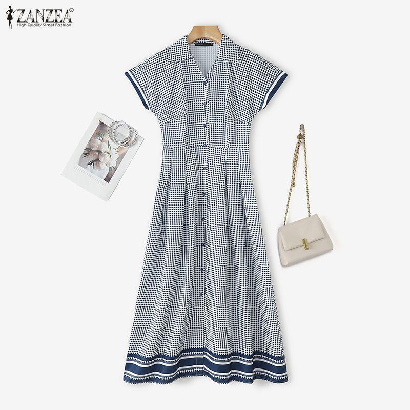ZANZEA Women Turn Down Collar Summer Casual Short Sleeve Dress