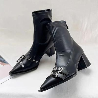 Botas de salto alto femininas, bico fino, sapatos de couro, tendência 2024, bombas de inverno, moda gótica, botas Chelsea Mujer