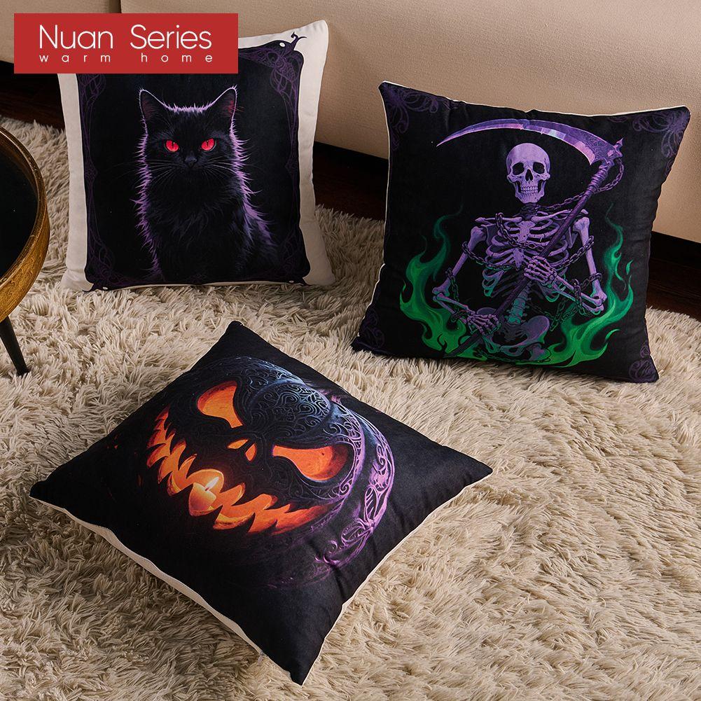 1PC Nuan Series Halloween Pillowcase Black Cat Ghost Pumpkin Series Printed Cushion Cover for Sofa Living Room Bedroom Home Decor Party Decorations