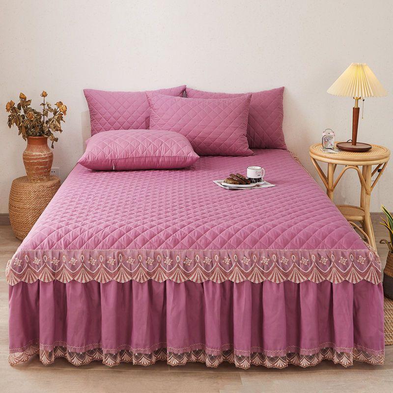 [Suitable for Sleeping Naked] Three-piece Set of Padded Bed Skirt, Thickened Non-slip Bed Cover, Lace Bed Sheet, Mattress Protective Cover