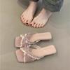 Fashion Hot Selling 2025 New Summer Low Heel Women Slippers Fashion Lace Butterfly-knot Open Toe Slide Ladies Elegant Dress Sandalias