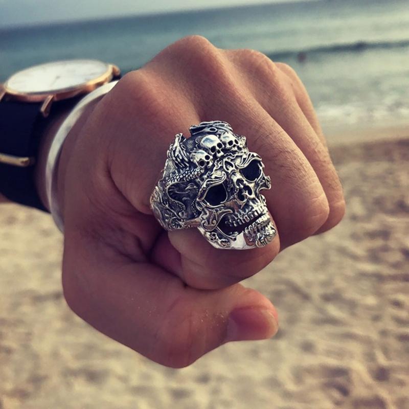 Retro Skull for Head Ring Exaggerated Mens Finger Rings Fashion Personality Joint Ring Hip Hop Ring Adjustable Open Size