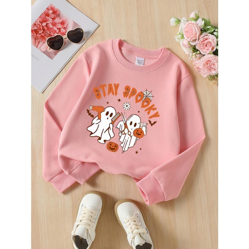 European sizes Girls' Halloween Long-Sleeve Round-Neck Fun Print Casual Top, Kids' Autumn Clothing, for Trick-or-Treat Parties.