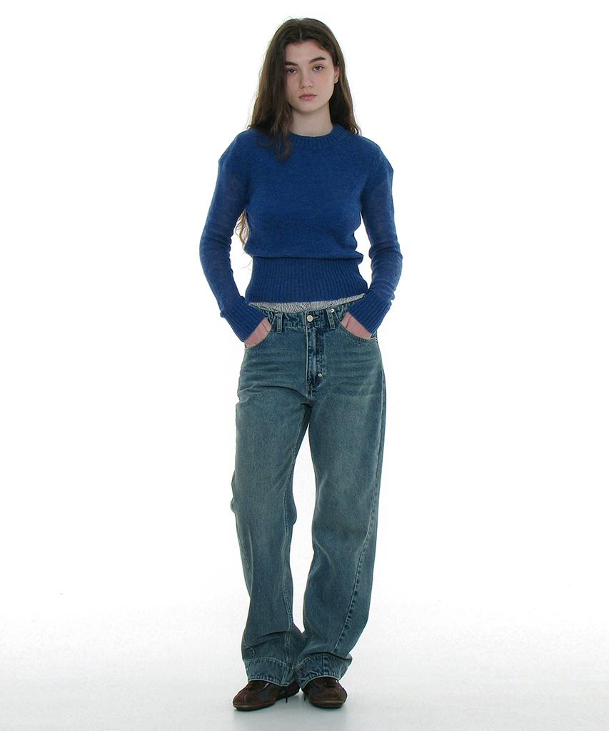 PARTIMENTO WOMEN Sheer Wide Rib Knit Crewneck_Blue