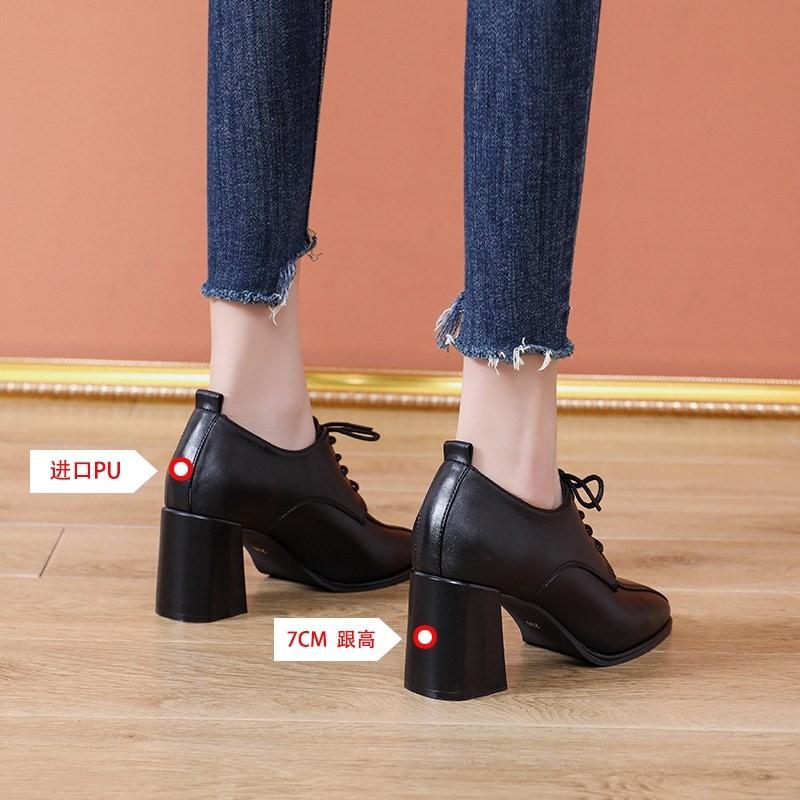 Mode 2024 Frühling und Herbst Neue High Heels Damen Britischer Stil Dicke Absätze Mode Schnürschuhe Tiefer Ausschnitt Kleine Lederschuhe