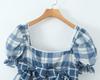 French Summer Plaid Puff Dress with Bow Tie and Short Sleeves