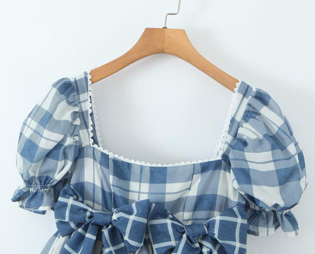 French Summer Plaid Puff Dress with Bow Tie and Short Sleeves